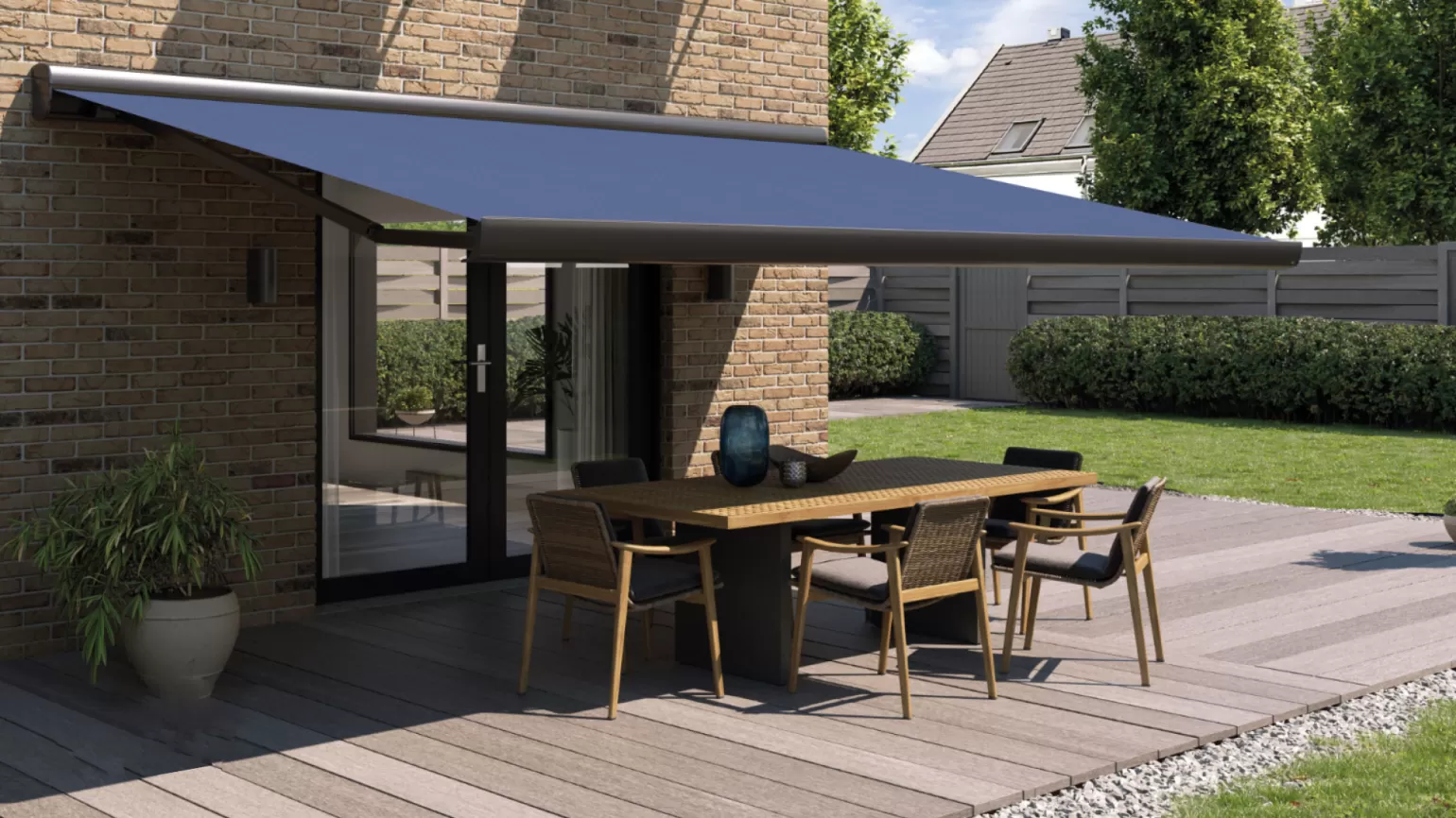 Extended Durability:
Our Awnings shield your windows and doors from weather-induced wear and tear, prolonging their lifespan and minimizing the need for costly repairs.

 

Aesthetic Appeal:
Choose from our diverse range of styles, colors, and materials to find an Awning that perfectly complements the aesthetics of your home, adding a touch of elegance to your outdoor space.

 

Privacy Enhancement:
While offering privacy, our Awnings still allow you to bask in the beauty of nature, striking the perfect balance between seclusion and outdoor enjoyment.
